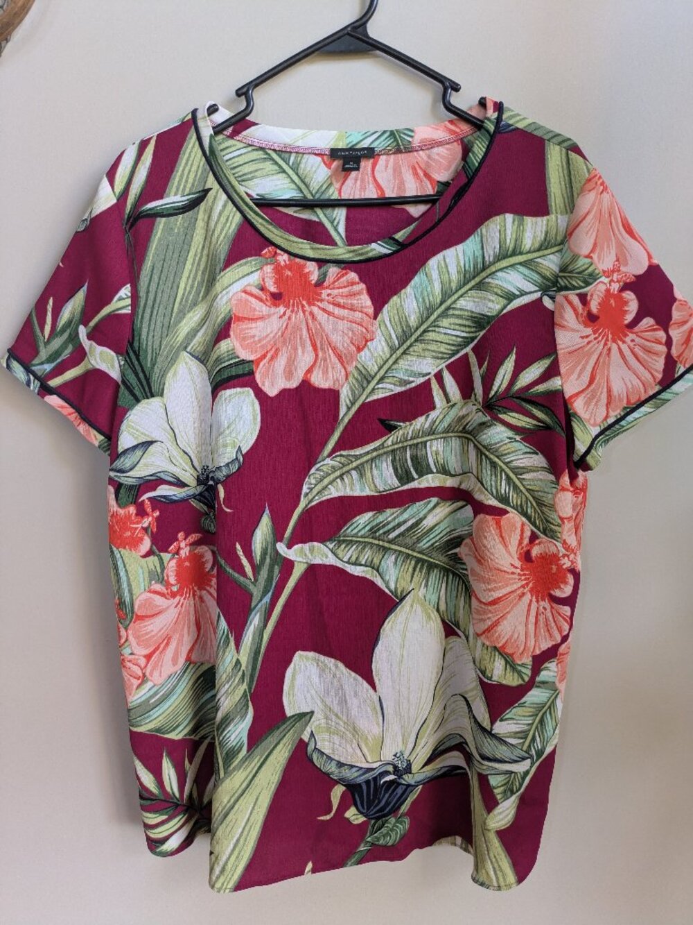ann taylor short sleeves red floral green peach blouse polyester size xl #700
